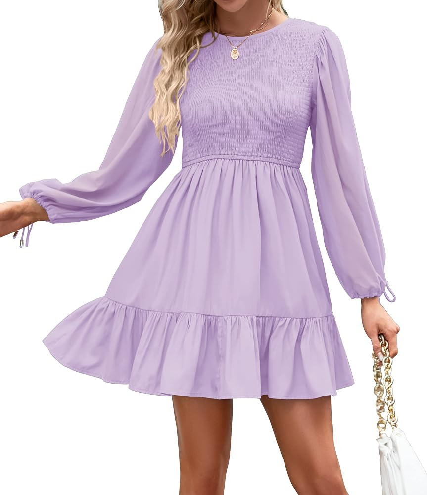 ZESICA Women's Long Sleeve Smocked Dress 2023 Casual Crew Neck Tiered Swing Cocktail Wedding Part... | Amazon (US)