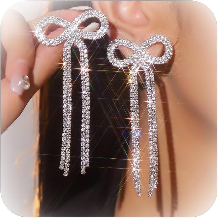 Rhinestone Bow Earrings for Women Sparkly Red Pink Silver Bow Earrings Trendy Bowknot Ribbon Dang... | Amazon (US)
