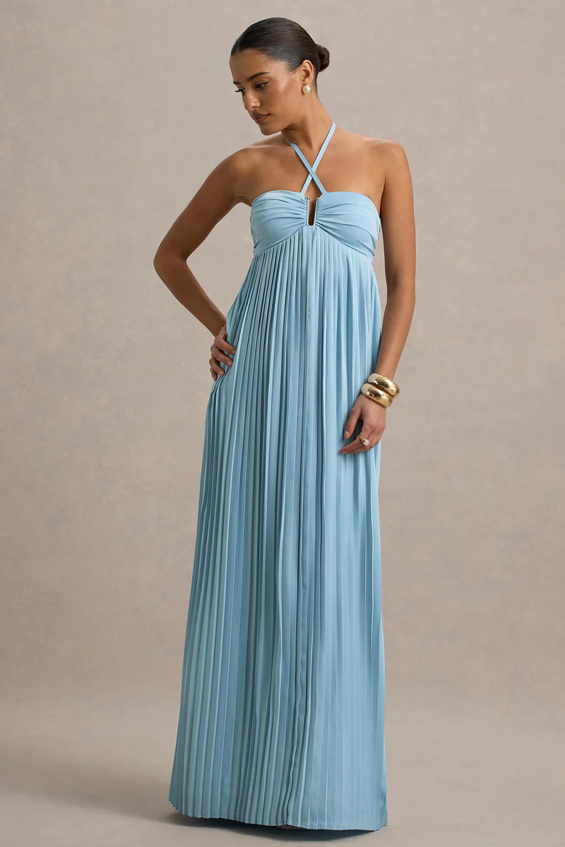 Elayne | Powder Blue Halter-Neck Maxi Dress With Cut-Out Detail | Club L London