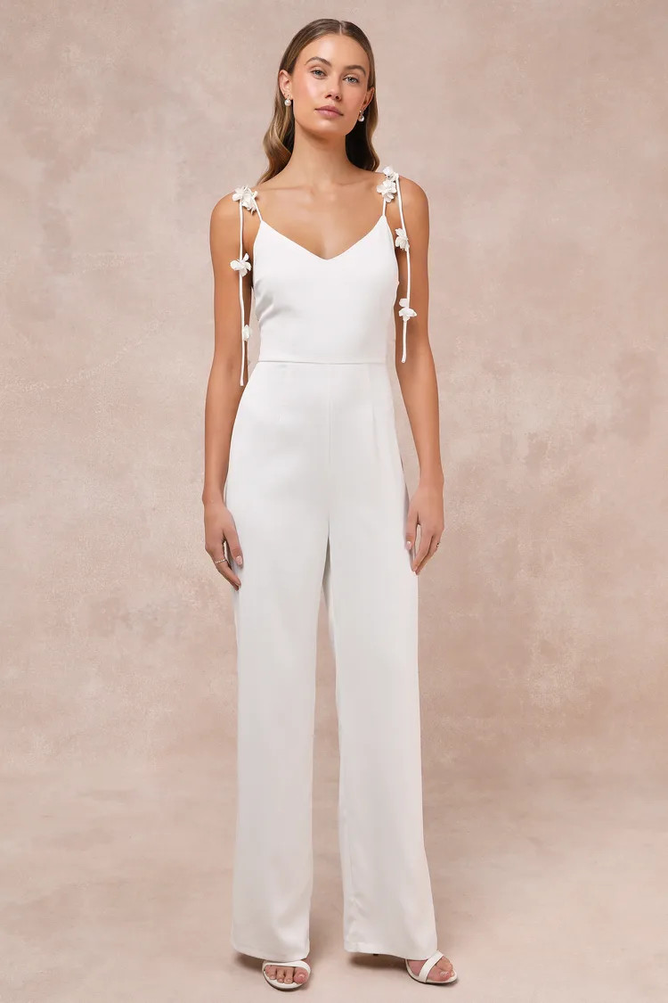 Charmingly Aesthetic White Satin Tie-Strap 3D Floral Jumpsuit | Lulus