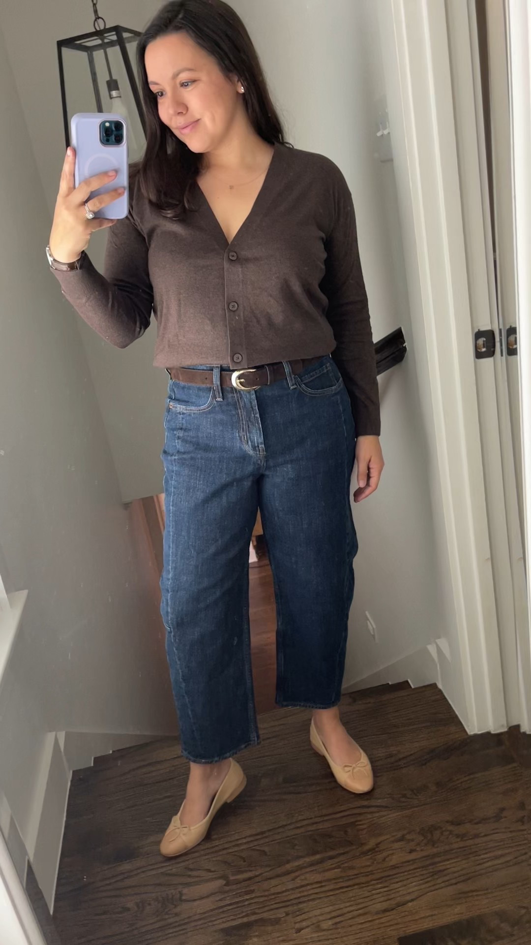 High waisted barrel denim, true to sizing and come in regular, tall and petite. Wearing my true size in petite length! On sale for $33 plus an additional 50% off at checkout 
Quince cashmere cardigan and suede brown belt + chanel ballerina flats 


#LTKStyleTip #LTKFindsUnder50 #LTKSeasonal