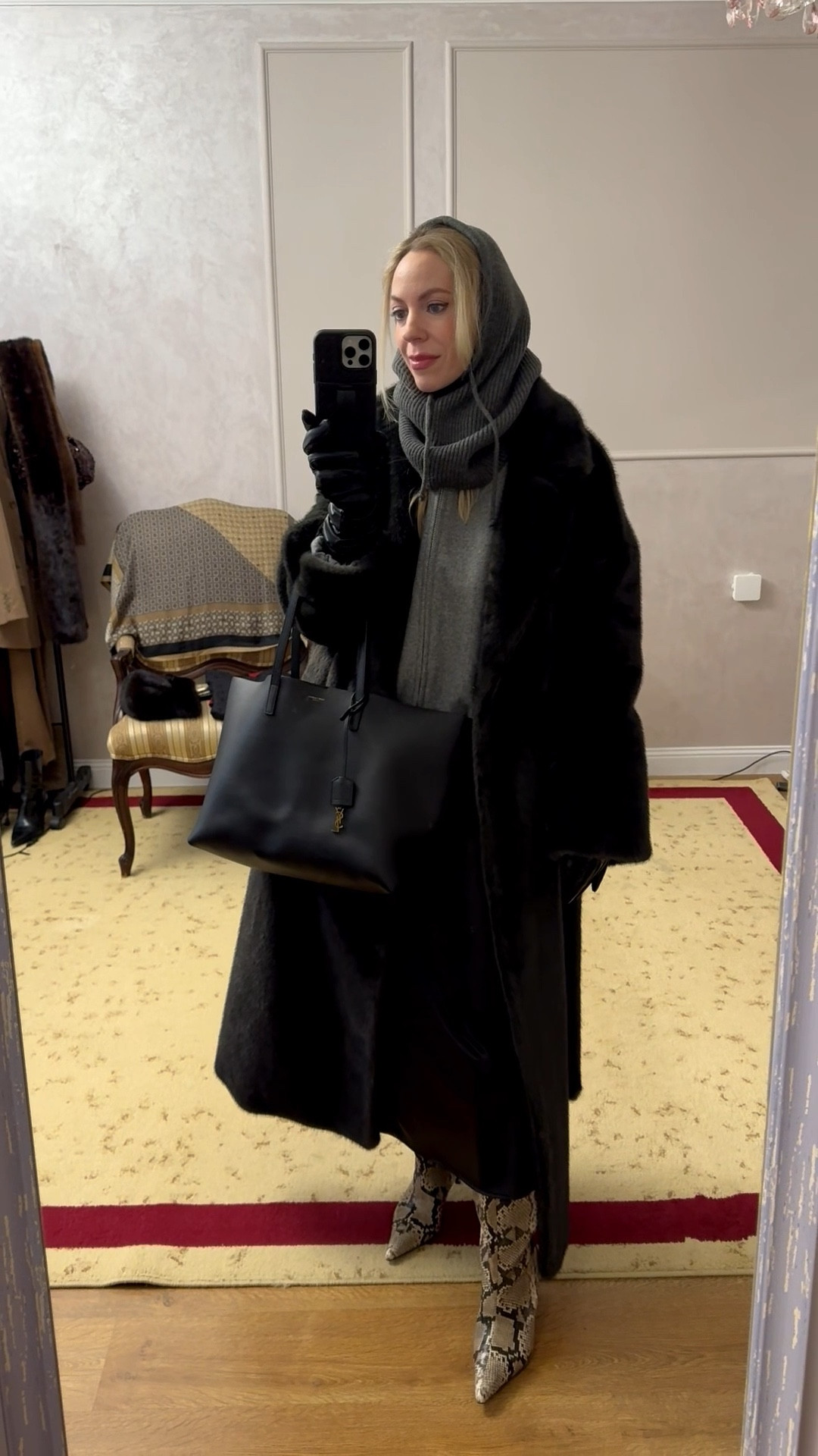 Workwear look, dark gray fur coat, gray balaclava, @Zara bomber jacket, satin skirt, snakeskin boots, YSL tote bag

#LTKWorkwear #LTKOver40 #LTKootd