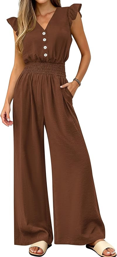 dowerme Women's Jumpsuits Dressy Casual 2026 Summer Ruffle Cap Sleeve V Neck Button Smocked Rompe... | Amazon (US)