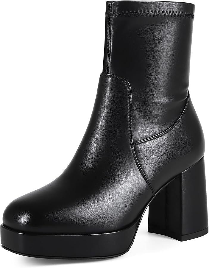 Square Toe Boots for Women Stretch Booties Ankle Boots Platform Chunky Boots Ladies | Amazon (US)
