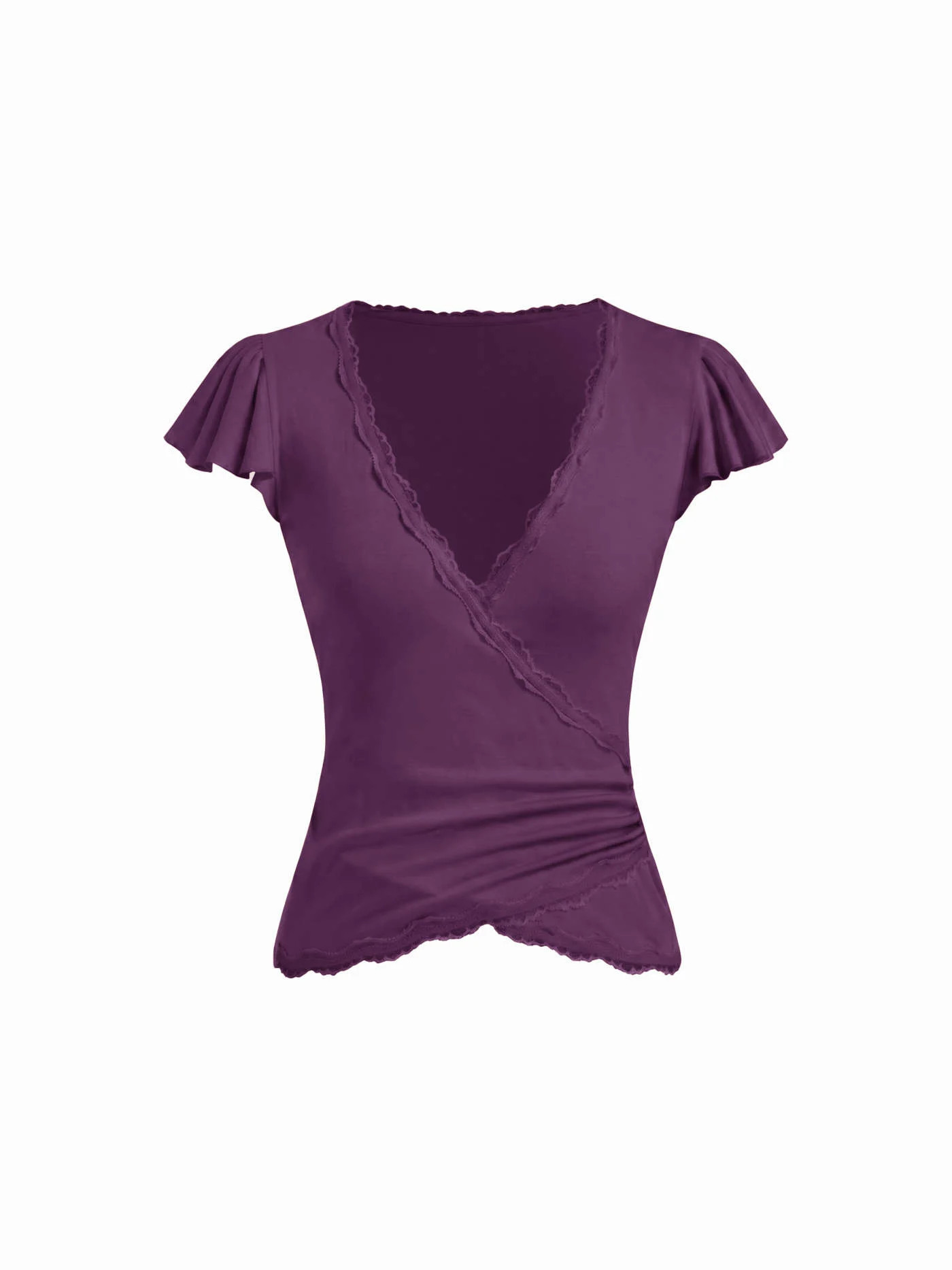 Knit Fabric V-neck Ruffle Sleeve Lace Trim Drawstring Ruched Top For Daily Casual Date | Cider