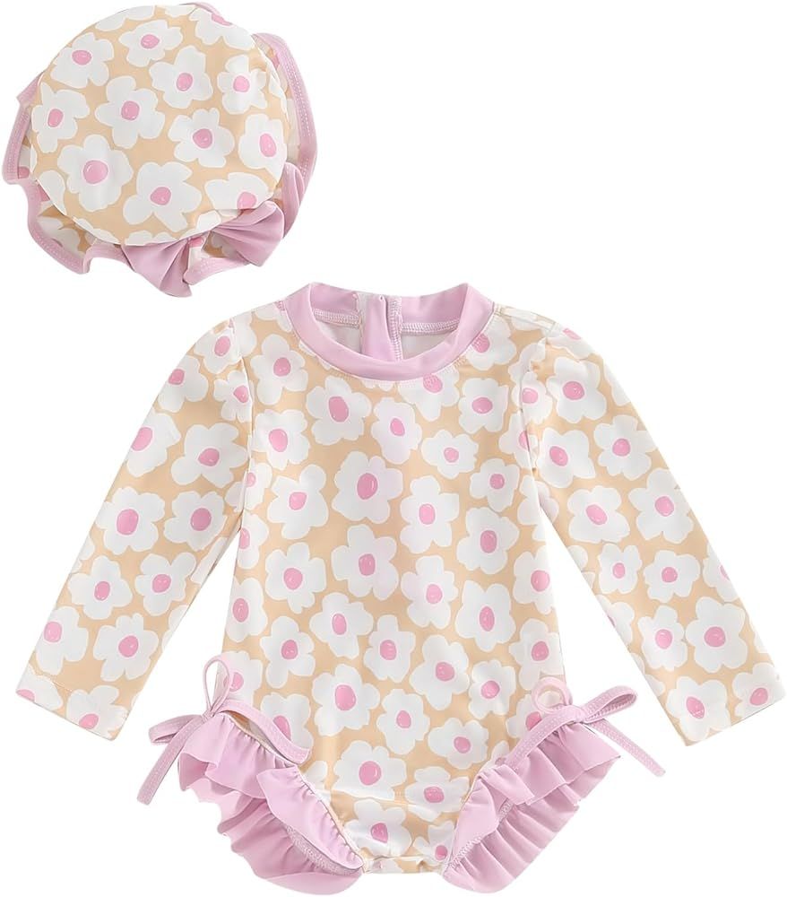 Karuedoo Toddler Baby Girl One Piece Swimsuit Floral Print Long Sleeve Zipper Bathing Suit Rash G... | Amazon (US)