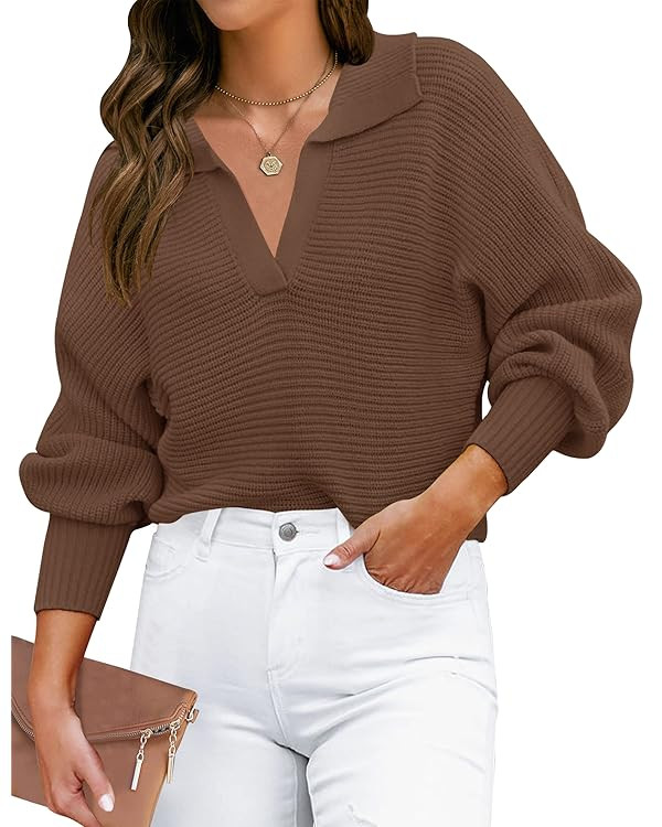 ZESICA Women's 2023 Fall Lapel Collar V Neck Long Sleeve Ribbed Knit Comfy Loose Casual Pullover ... | Amazon (US)