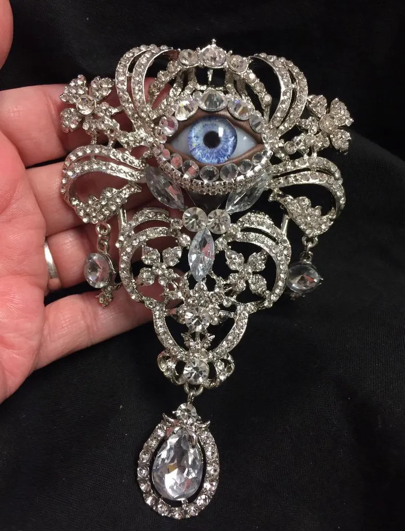Huge Epic Crystal Vintage Ornate Style Eyeball Art Brooch and Pendant with Loop Handmade Blue Gla... | Etsy (US)