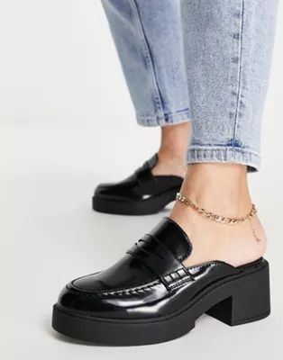 ASOS DESIGN Sina chunky heeled loafer mules in black | ASOS (Global)
