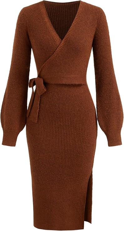 CIDER Women's Wrap Knit Dress Long Sleeve Tie Waist Midi Sweater Dress | Amazon (US)