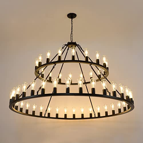 WOGON WEEL Wagon Wheel Chandelier 2 Tier 54-Light 60-inch, Farmhouse Industrial Chandelier Black Rustic Pendant Light Fixture Extra Large for High Ceilings, Living Room Foyer | Amazon (US)