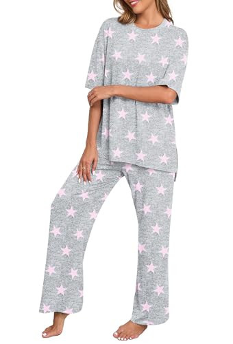 PrinStory Womens Pajamas Summer Pjs for Women Set Loose Lounge Set Loungewear with Pockets FP-Pink Star-S | Amazon (US)