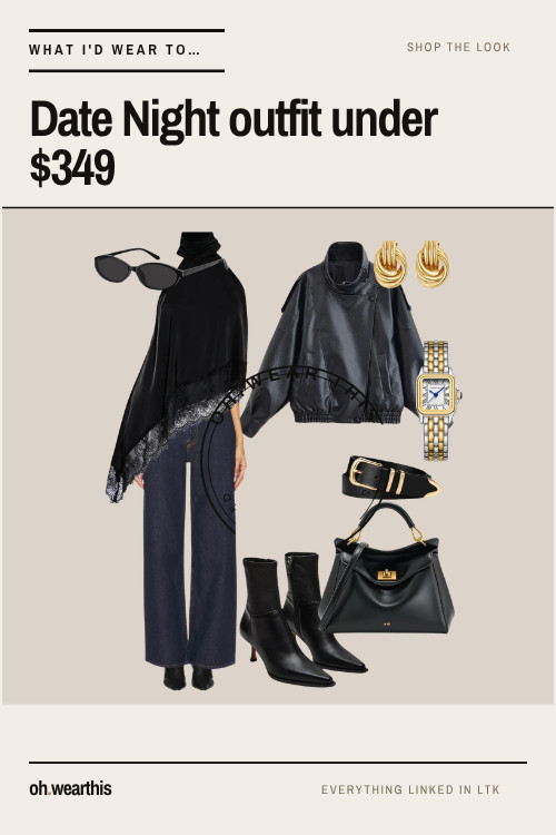Date night outfit, head to toe. Black lace-trim top, leather funnel-neck jacket, dark wide-leg denim, pointed boots — plus the gold that makes it look like you tried.

The lace hem is the whole outfit. It's the one detail doing the "this is a date, not a Tuesday" work, and it's why the rest can stay plain — denim, black boots, nothing competing. Take the lace out and you've got a nice going-out look. Leave it in and it reads intentional.

Two things I'd tell you before you buy: the jean needs to be long enough to nearly cover the boot, or the wide leg loses its line. And the gold is not optional — the earrings and the watch are what separate this from all-black-because-it's-easy. Skip them and the outfit goes flat.

Wear it to dinner, drinks, a birthday, an anniversary, a first date you want to feel good at.

The whole look is linked. I earn a commission when you shop these.

date night outfit · black going out outfit · leather jacket outfit · wide leg jeans outfit · pointed toe ankle boots · gold knot earrings · fall date night · black outfit ideas 

 #LTKgrwm #LTKootd #LTKSeasonal