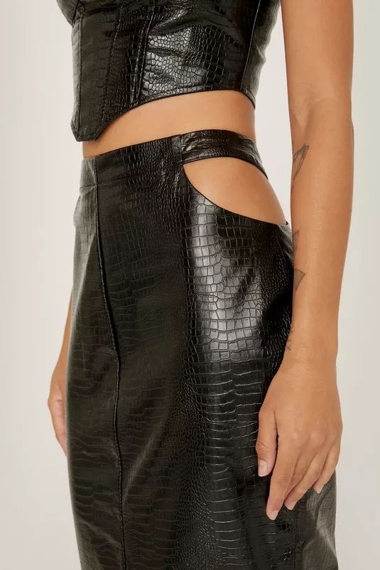 Croc Embossed Faux Leather Cut Out Midi Skirt | Nasty Gal (US)