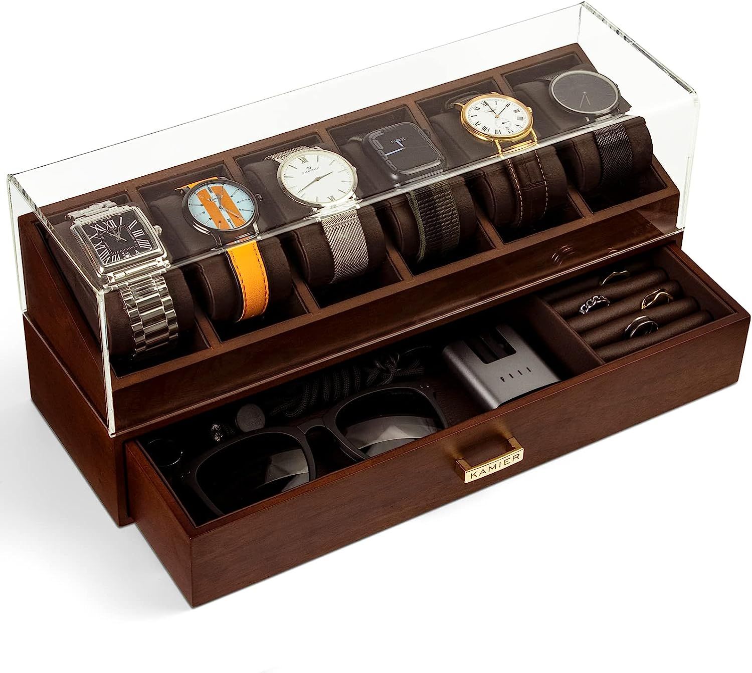 KAMIER Watch Box Case Organizer Display for Men,Two-Tier Wooden Watch Box Organizer For Men with ... | Amazon (US)