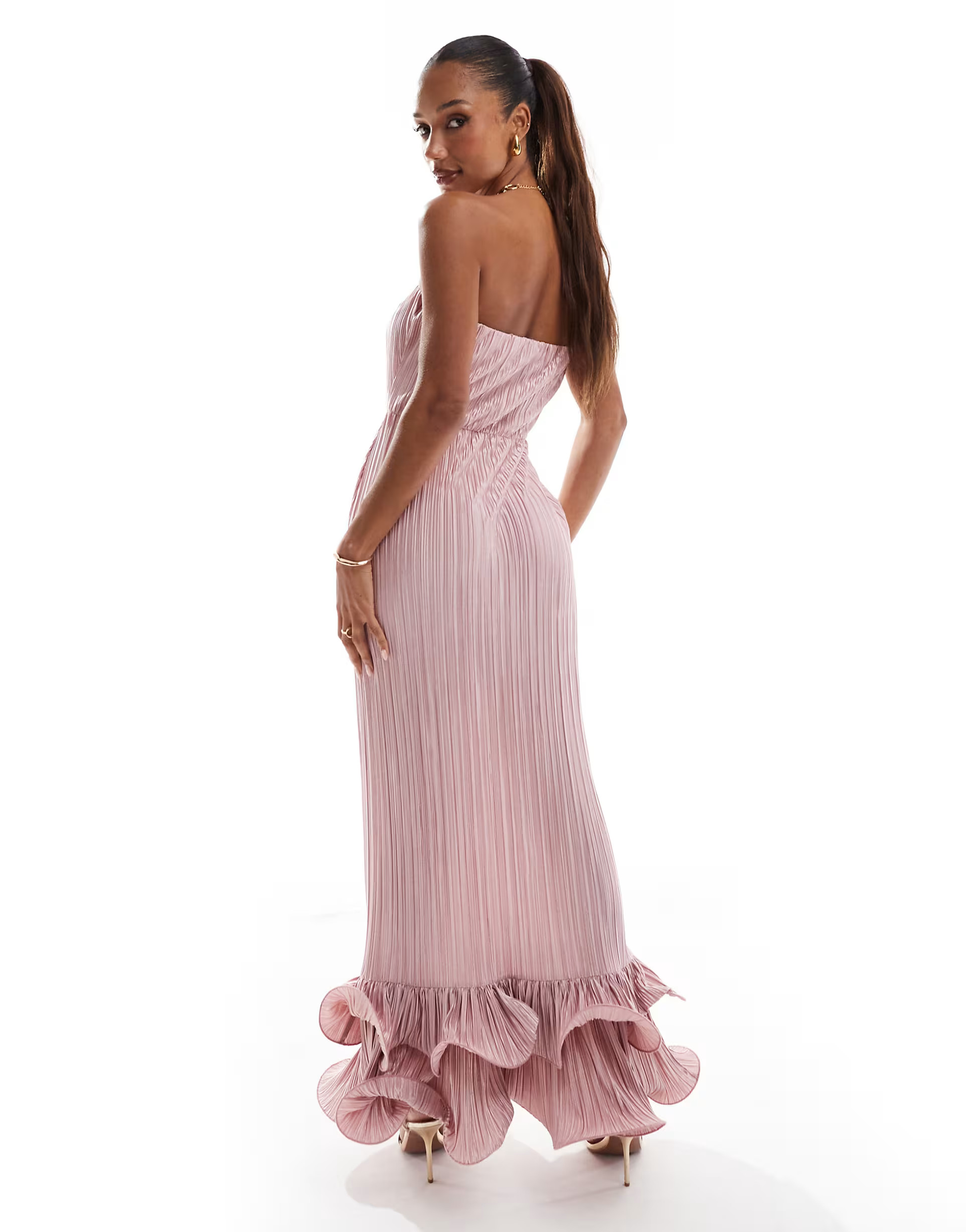 ASOS DESIGN bandeau plisse maxi dress with dramatic curly hem in dusty rose | ASOS (Global)