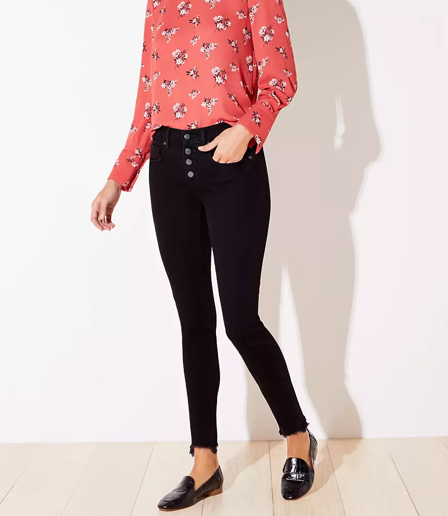 Chewed Hem Skinny Jeans in Black | LOFT