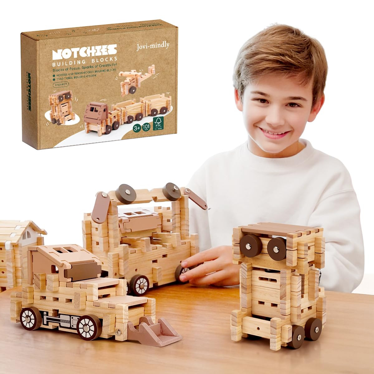 Jovi-mindly＆Notchies Wooden Blocks Train Set 101 PCS Create 40+ Shapes,Toys Educational Wooden ... | Amazon (US)