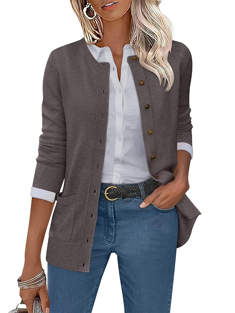 ANRABESS Women's Cardigans 2025 Fall Dressy Casual Long Sleeve Crewneck Button Down Open Front So... | Amazon (US)