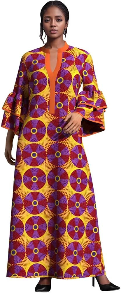 iooiooi Womens Double Layered Bell Sleeve African Maxi Dress Ankara Wedding Party Dress | Amazon (US)