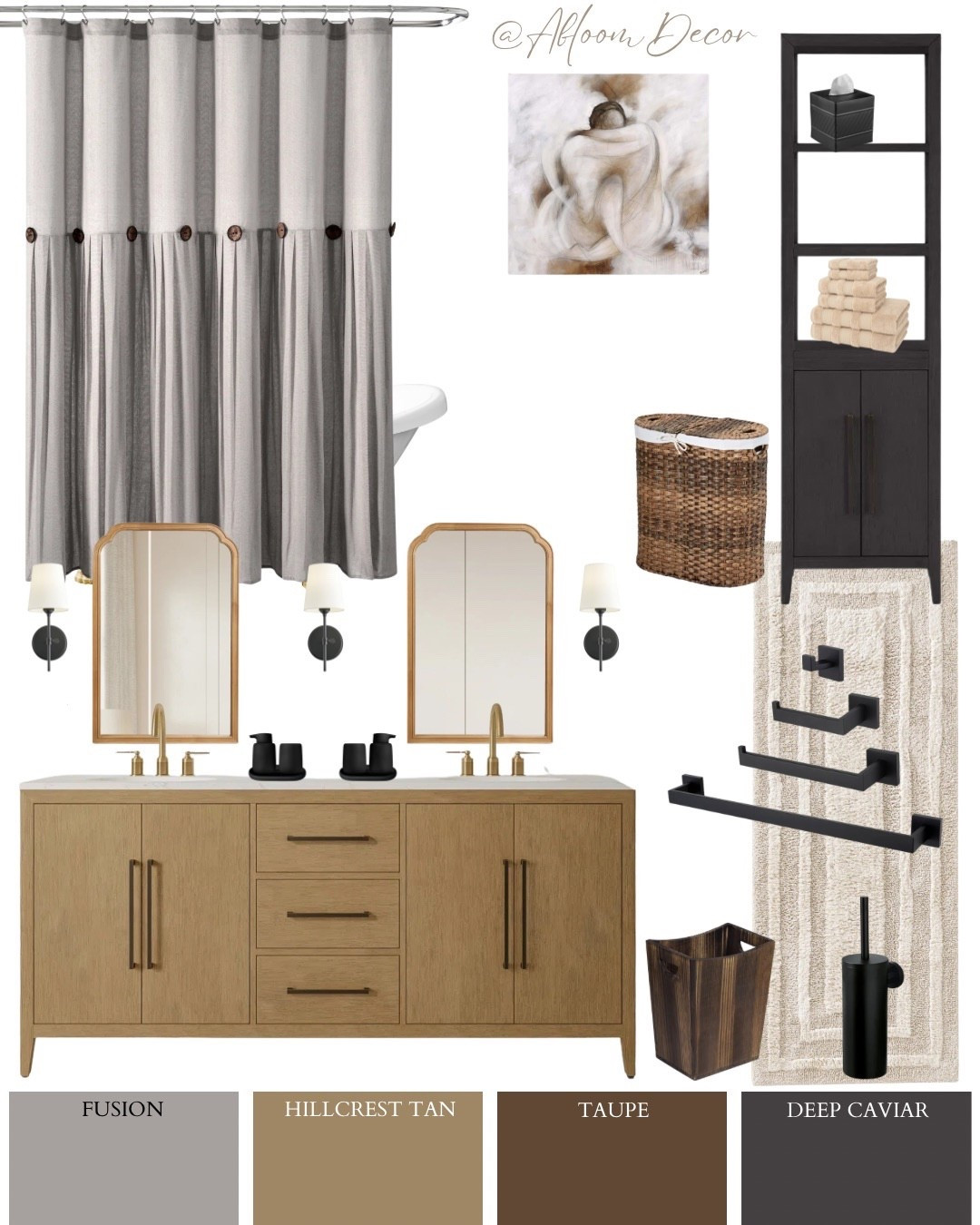 This bathroom design feels cozy and calm with its warm wood tones, soft taupe accents, and matte black hardware that adds just the right amount of contrast.

#LTKHome