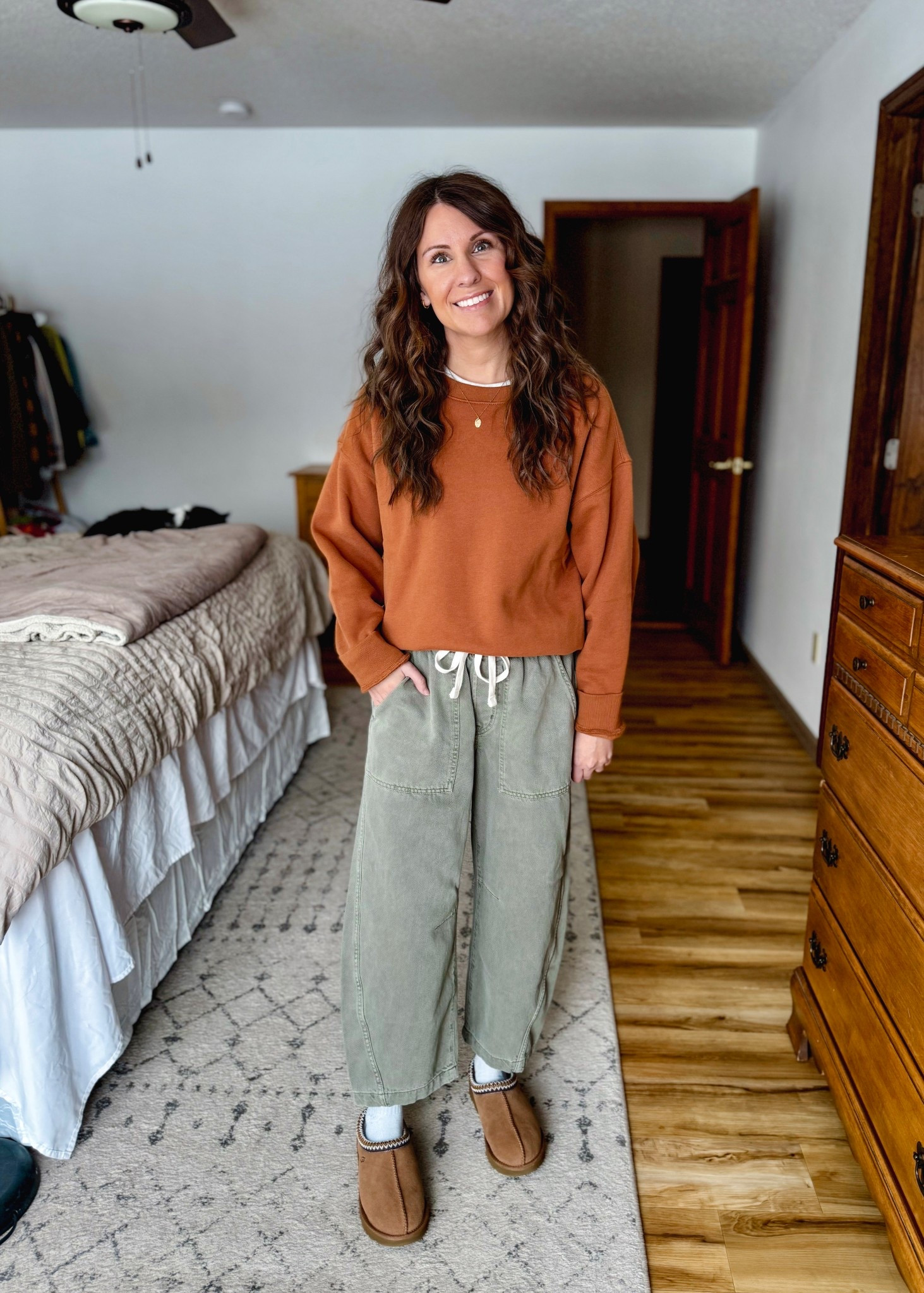 Wearing small in my tee, xs in my orange crewneck, xs petite/short in my green barrel pants, and 6 in my Ugg Tasmans. 

#LTKPetite #LTKSeasonal #LTKootd