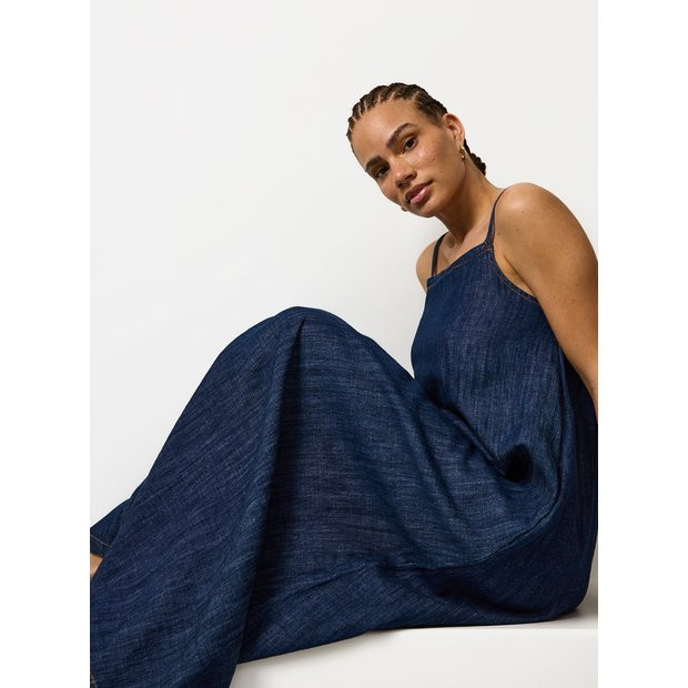 Buy Dark Denim Square Neck Maxi Pinafore Dress 24 | Linen | Tu | Tu Clothing