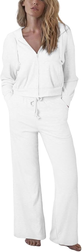 Aleumdr Women's 2 Piece Ribbed Sweatsuits Outfits Casual Zip Up Long Sleeve Hoodie Jacket and Swe... | Amazon (US)