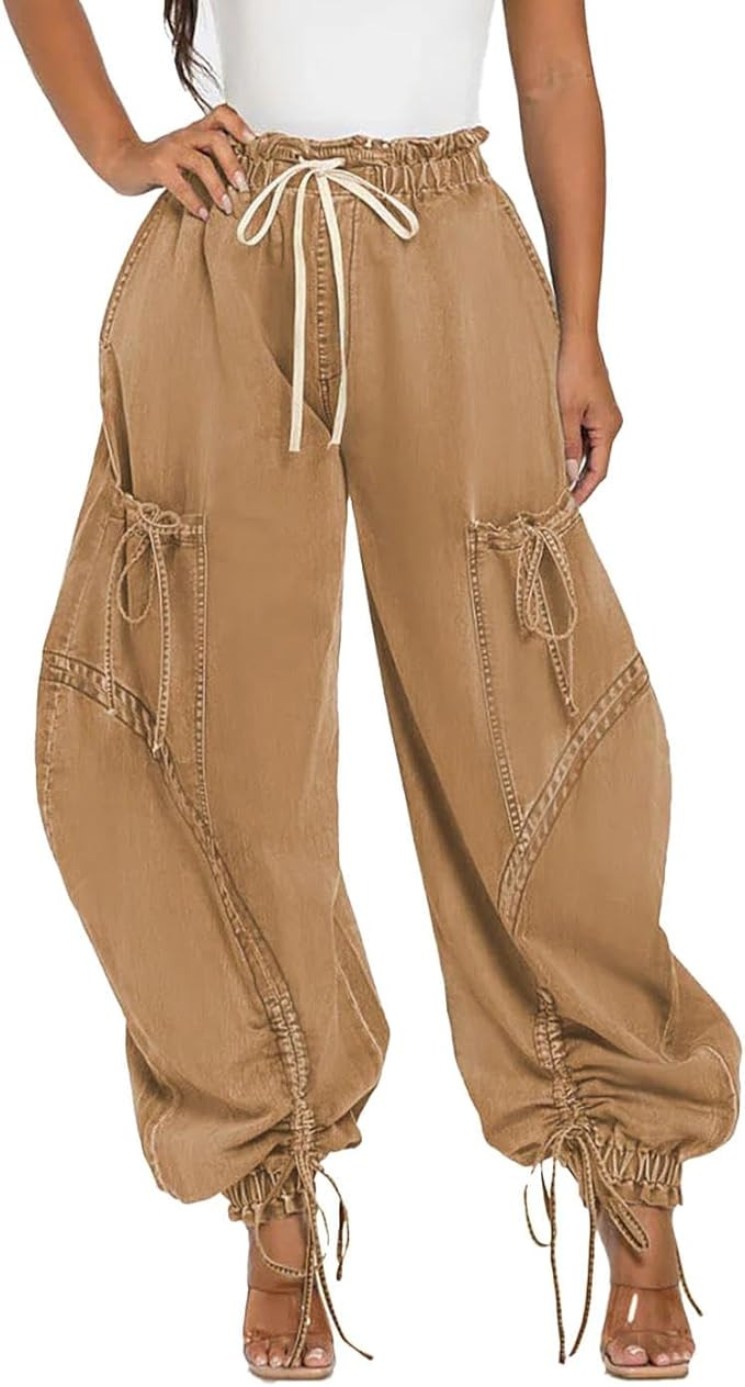 Voghtic Women's Baggy Y2K Elastic Waisted Jeans Bow-Knot Drawstring Pull-On Cargo Denim Pants Har... | Amazon (US)