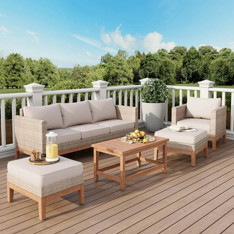 MF Studio 5 Pieces Outdoor Patio Conversation Set Wicker Furniture Sectional Sofa Set with Solid ... | Walmart (US)