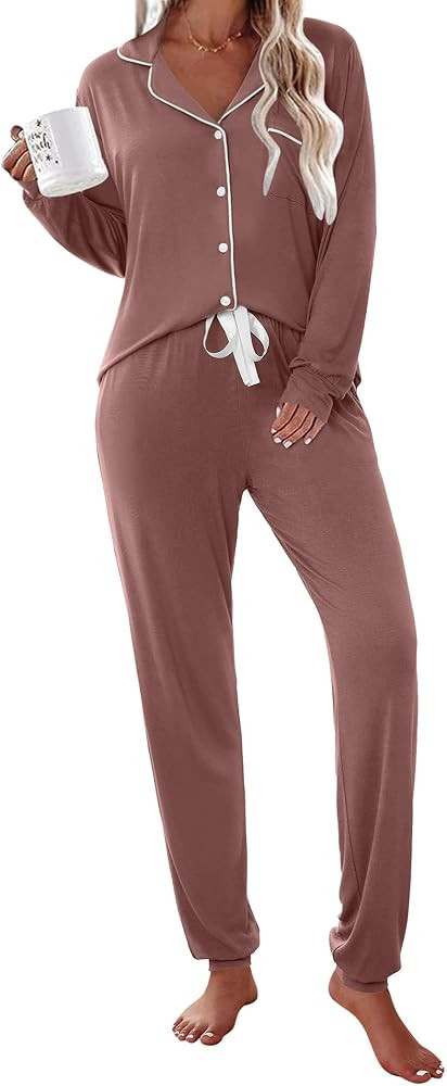 Ekouaer Pajamas Set Long Sleeve Sleepwear Womens Button Down Nightwear Soft Pj Loungewear with Po... | Amazon (US)