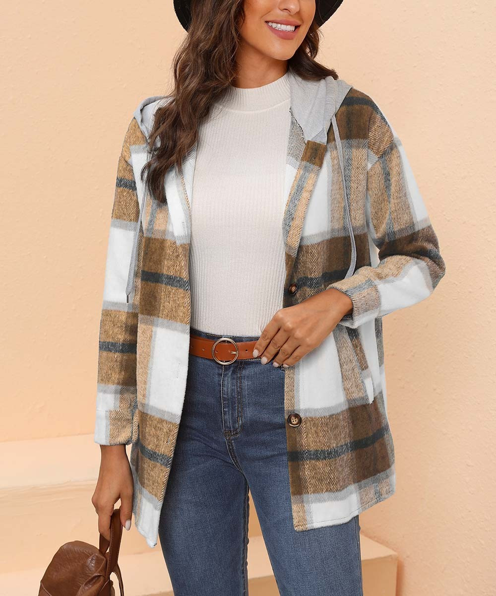 CELLABIE Women's Non-Denim Casual Jackets Tan - Tan & White Plaid Hooded Shacket - Women | Zulily