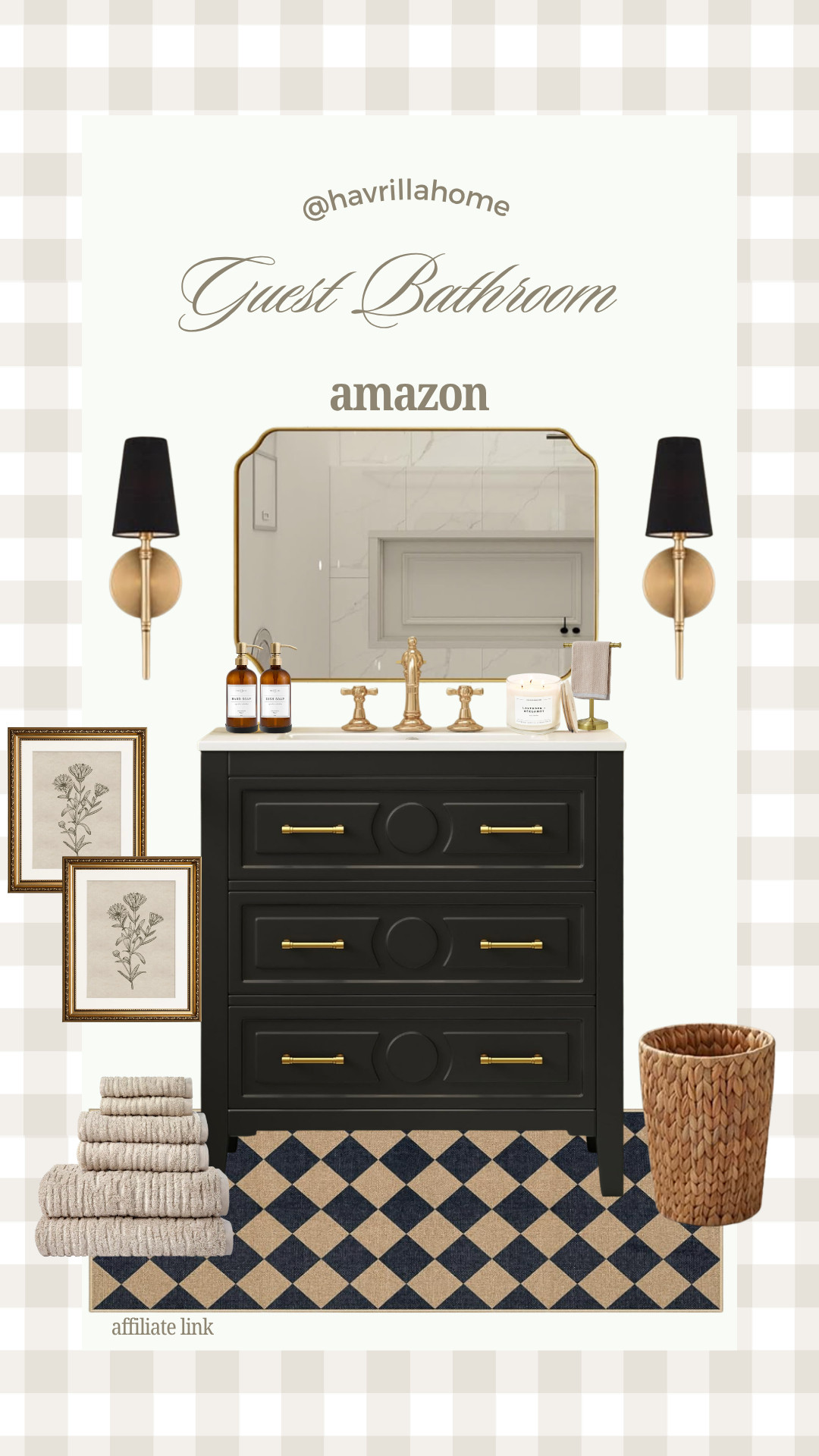 Amazon Guest Bathroom, guest bathroom decor, black bathroom vanity, brass bathroom fixtures, gold bathroom mirror, modern traditional bathroom, bathroom refresh ideas, Amazon bathroom decor, black and gold bathroom, guest bath styling, luxury bathroom accessories, framed botanical prints, woven laundry basket, bathroom rug runner, neutral bathroom decor, powder room inspiration

#LTKHome