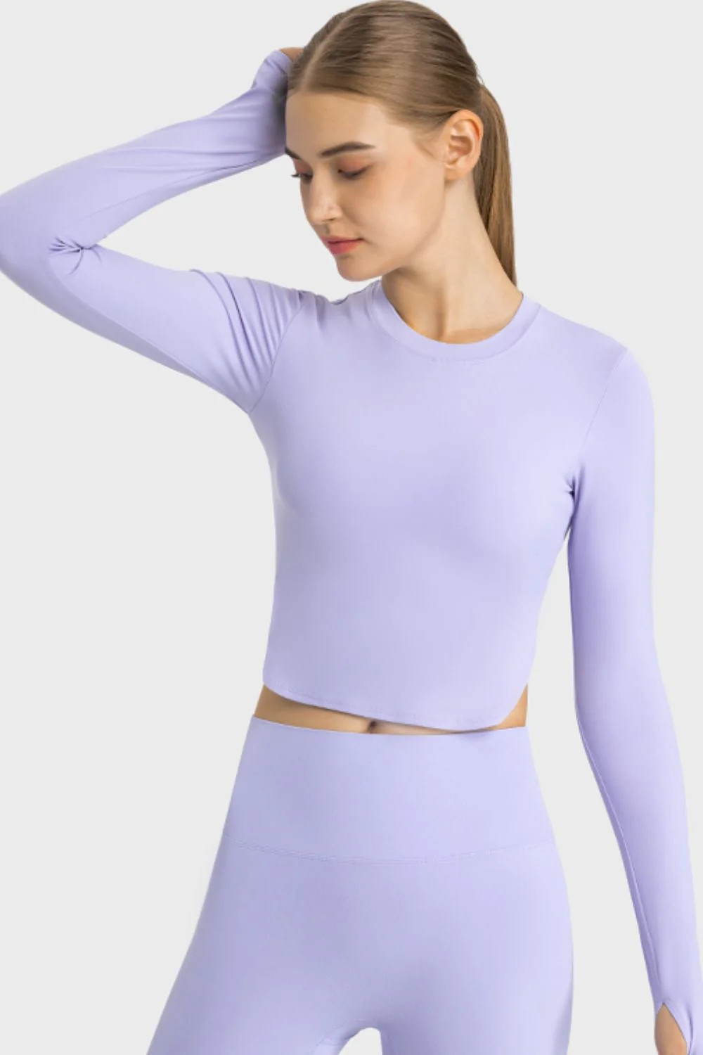 Side Slit Long Sleeve Round Neck Crop Top Purple / 8 | Casual Chic Boutique
