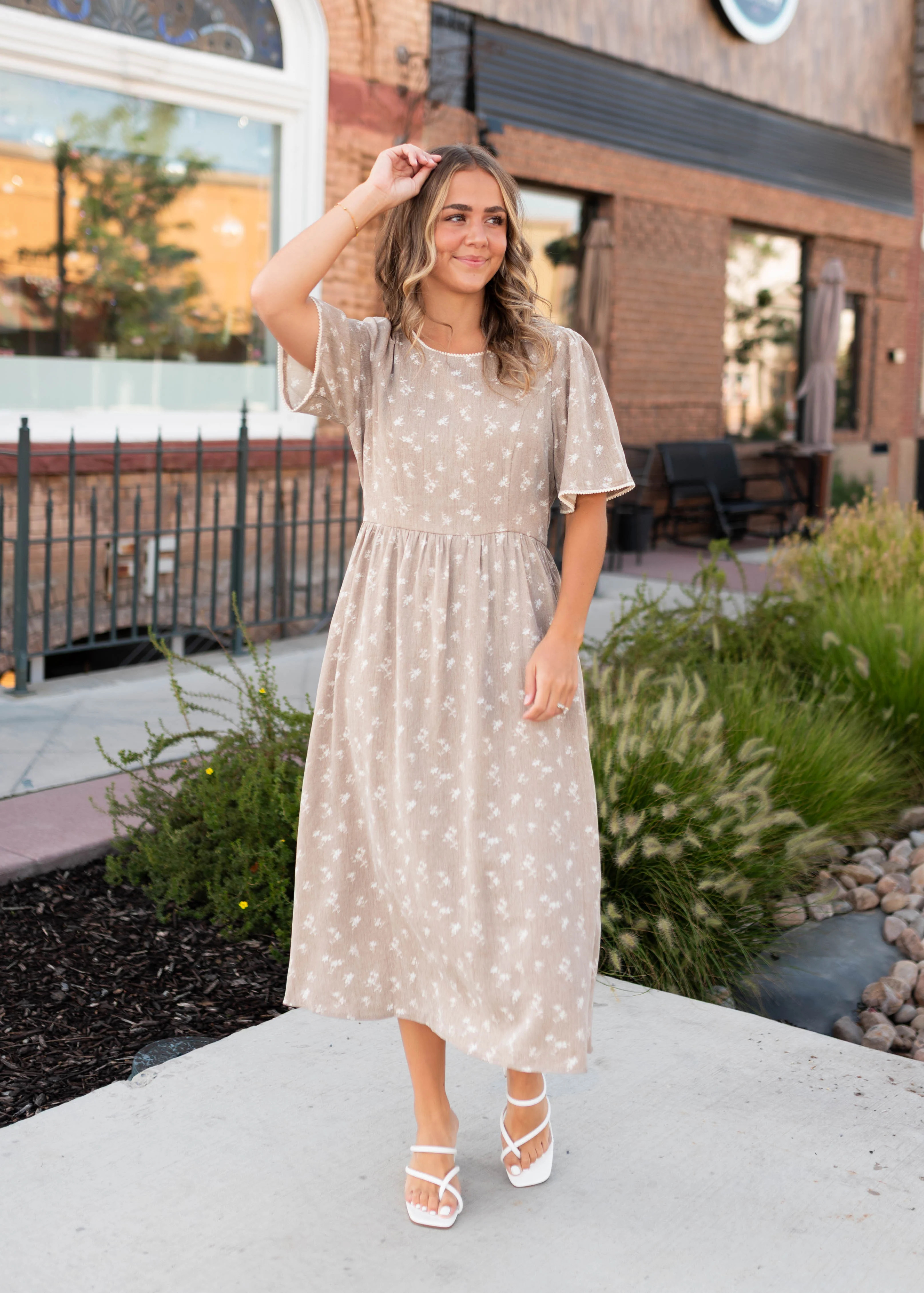 Dylan Light Brown & White Patterned Midi Dress | My Sister's Closet Boutique