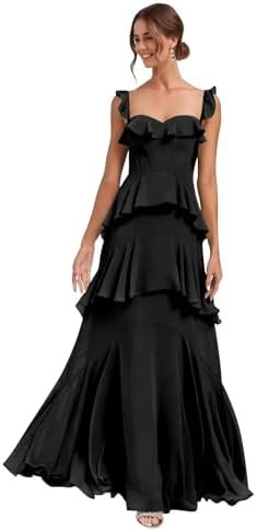 GRILSONTOP Tiered Bridesmaid Dresses Chiffon Ruffled Prom Dress Sweetheart Long Formal Evening Ba... | Amazon (US)