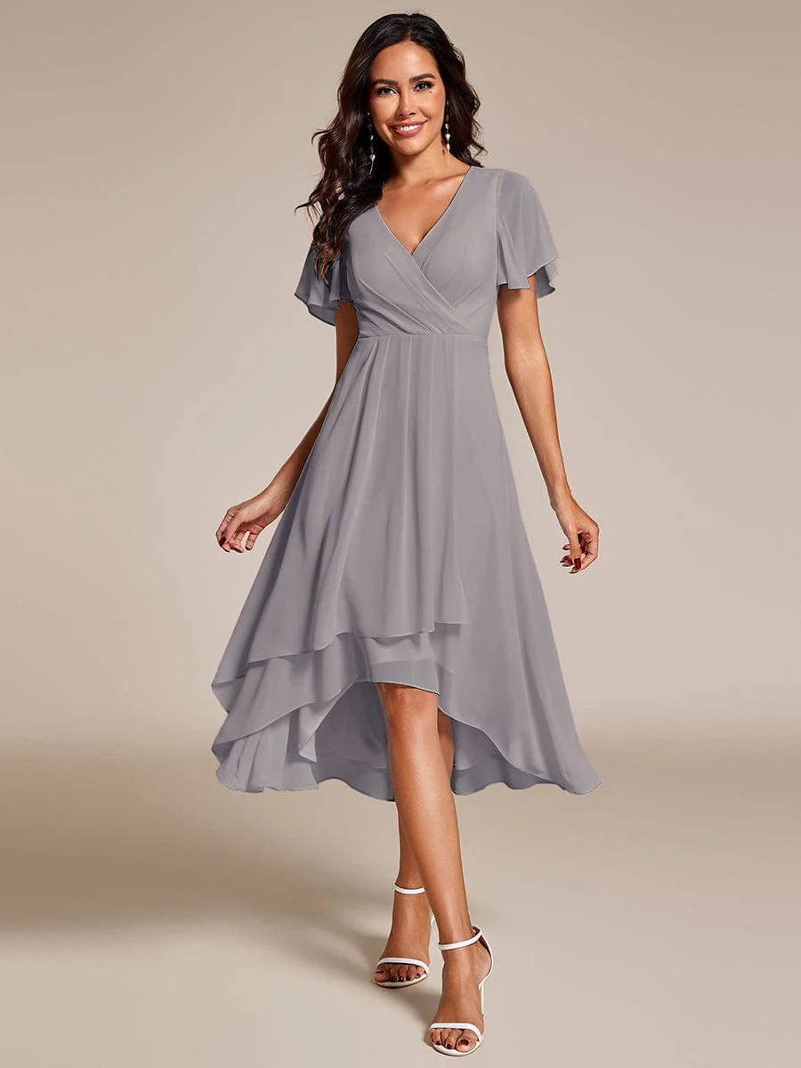 ever LARK|Flowy Ruffles Sleeve V-Neck A-Line Midi Chiffon Wedding Guest Dress | Ever Pretty Garment Inc