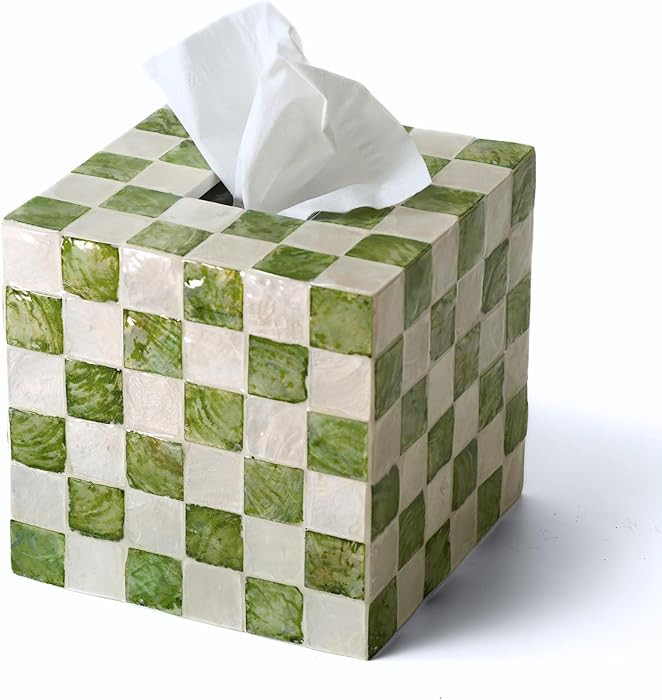 CHI AN HOME 5.7" Square Tissue Box Cover, Handmade Checkered Cube Tissue Box Cover with Capiz She... | Amazon (US)