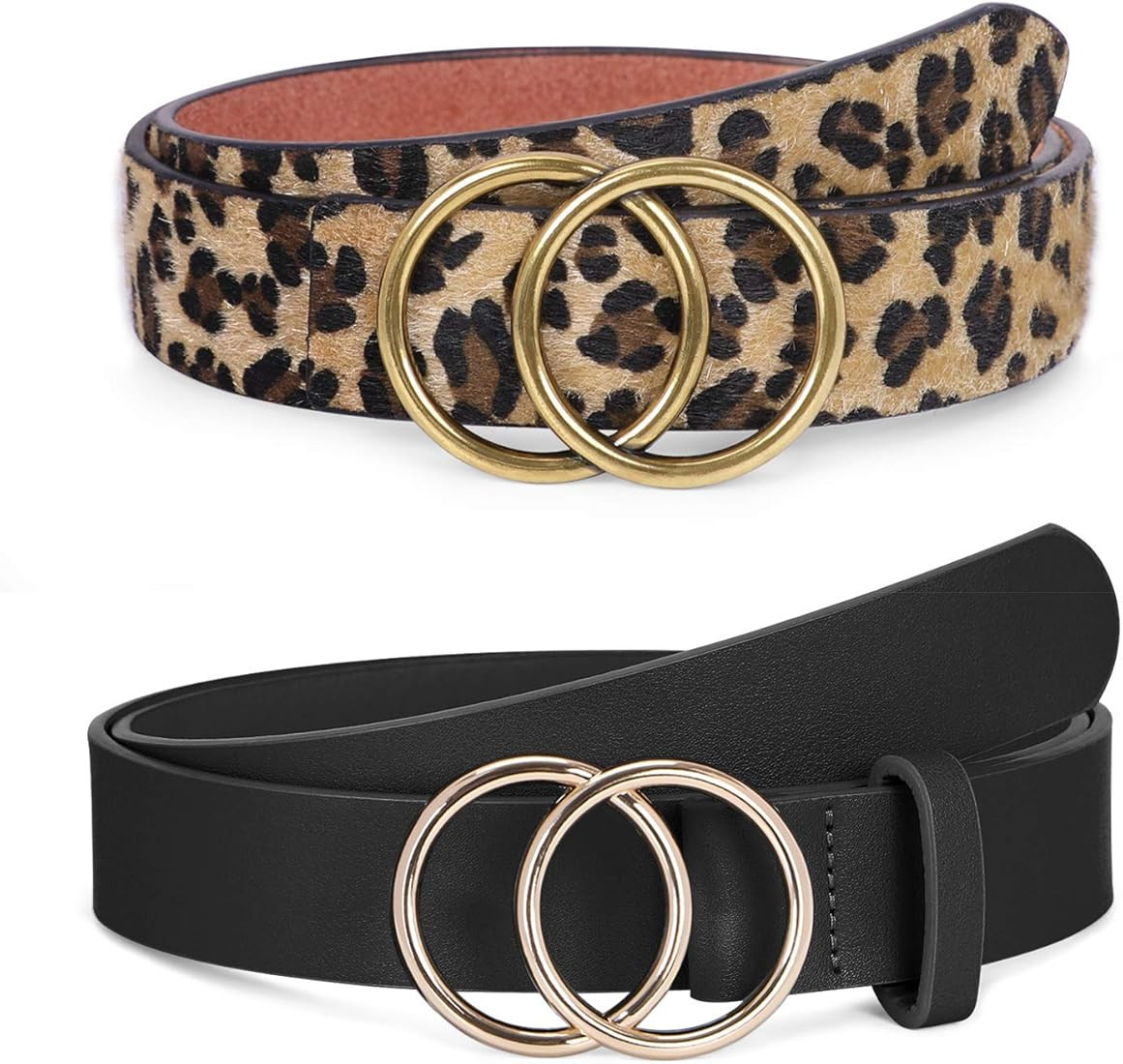 SANSTHS 2 Pack Women Leather Belts Faux Leather Jeans Belt with Double O-Ring Buckle Size up to 5... | Amazon (US)