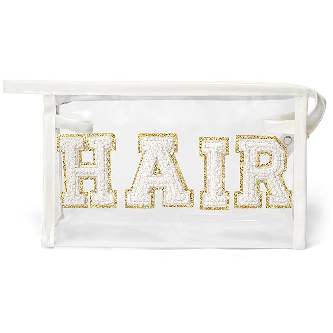 Y1tvei HAIR Clear Cosmetic Bag - Preppy Patch White Chenille Varsity Letter Transparent PVC Makeu... | Amazon (US)