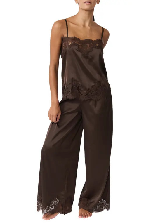 Kat The Label Olivia Lace Trim Satin Pants in Espresso at Nordstrom, Size Medium | Nordstrom