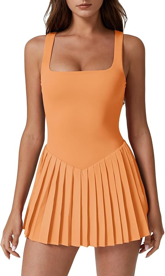 QINSEN Womens Square Neck Tennis Dress Pleated Sleeveless Built in Shorts Golf Athletic Dress wit... | Amazon (US)