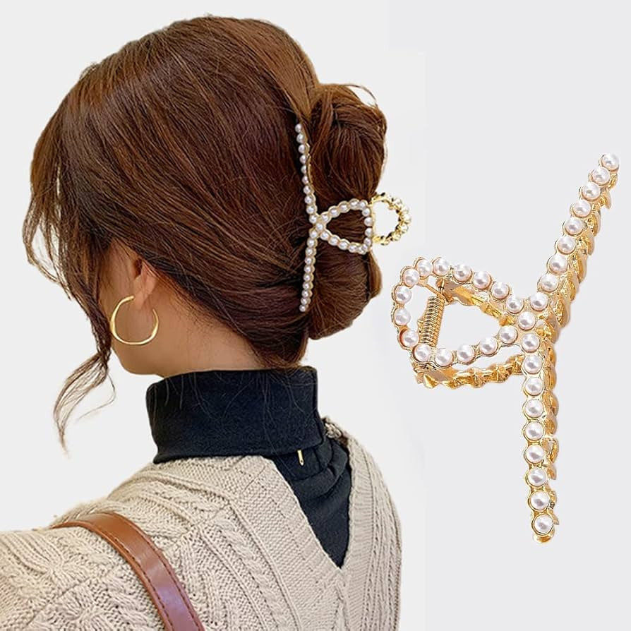 Pearl Hair Claw, Strong Hold Hair Jaw Clips,Nonslip Threaded Gold Claw Clips for Thick Hair Stron... | Amazon (US)