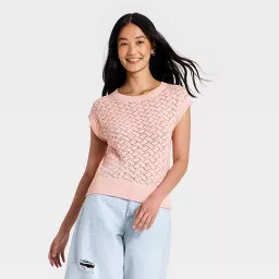 Women's Cap Sleeve Pointelle Crewneck Pullover Sweater - Universal Thread\u2122 Pink S | Target