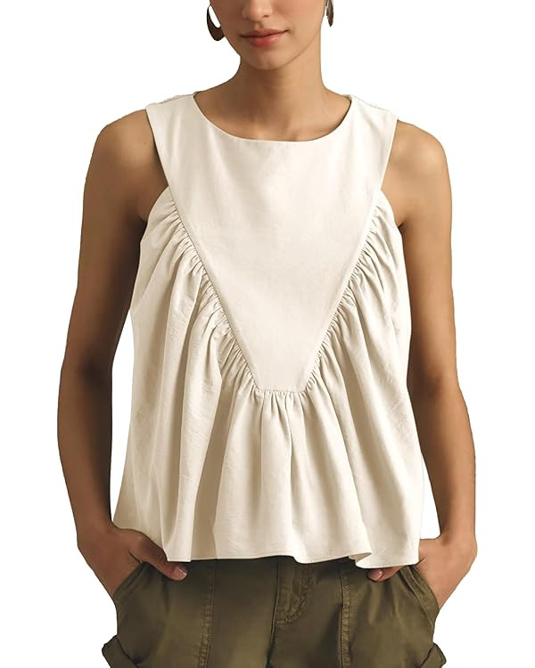 Hixiaohe Shirred Swing Tank Tops for Women Fashion Flowy Sleeveless Shirts Casual Crew Neck Blous... | Amazon (US)