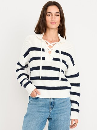 Seaside Cotton Lace-Up Collar Sweater | Old Navy (CA)