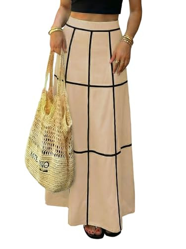 EXLURA Women's Faux Linen Boho Maxi Skirt Grid High Waist Long Flowy Skirts Summer Beach Vacation... | Amazon (US)