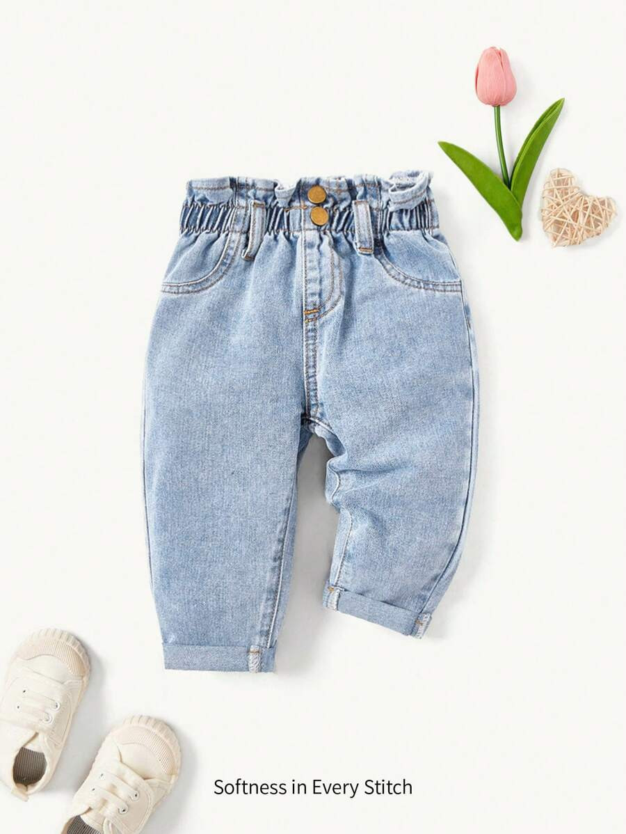 Cozy Pixies Baby Girls' Summer Boho Cute Ruffle Waist Baggy Soft Denim Jeans Pants With Rolled Up... | SHEIN