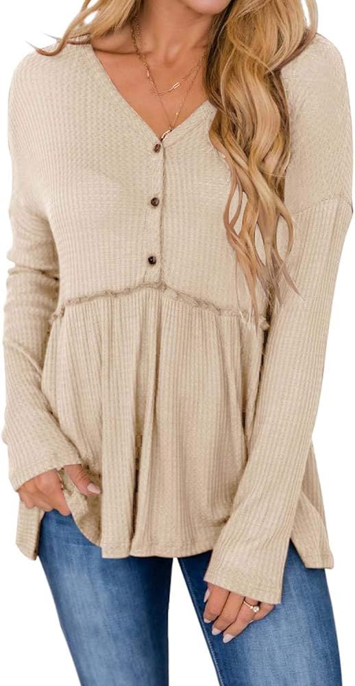 Women's Long Sleeve Pleated Babydoll Tunic Tops V Neck Peplum Button Up Blouse Shirts | Amazon (US)