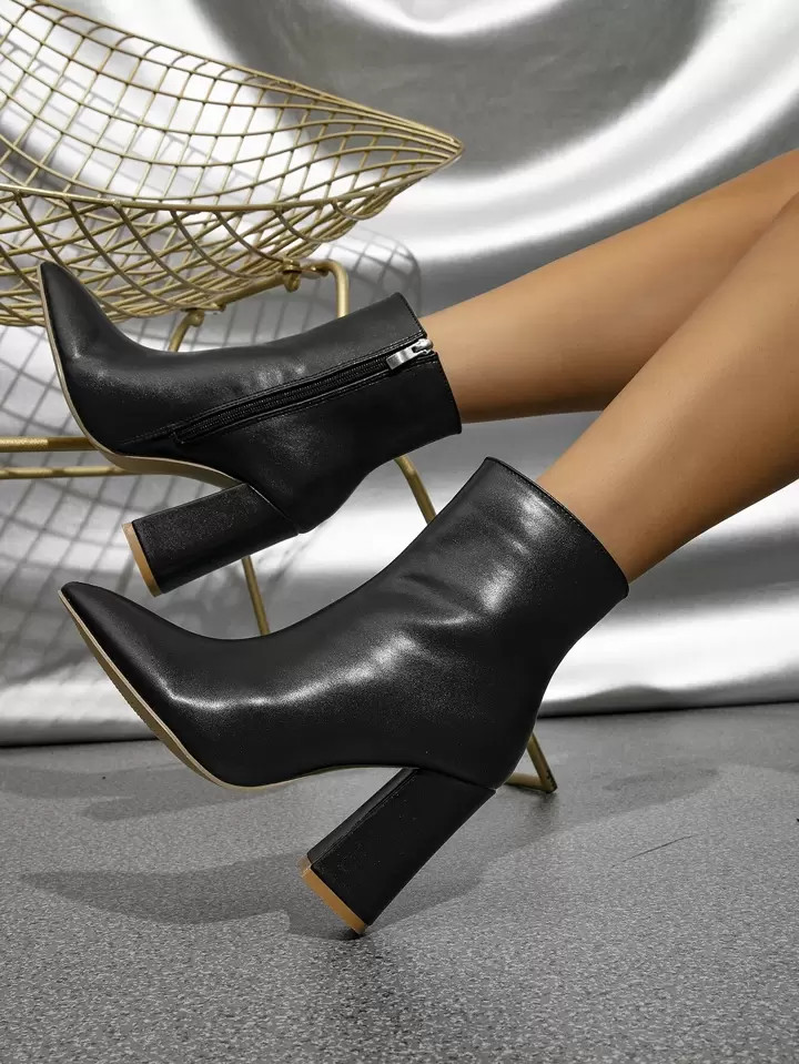 SHEIN Point Toe Chunky Heeled Classic Boots, Black Elegant Solid Classic Boots | SHEIN